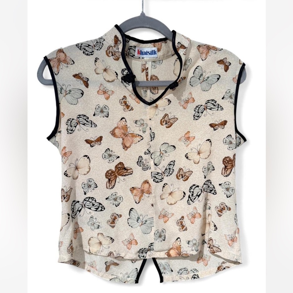 Khaosilk Butterfly Print Cap Sleeve Blouse - Cream & Peach